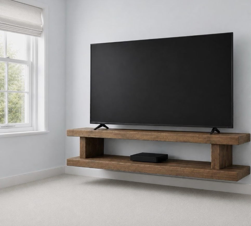The large floating English rustic tv stand