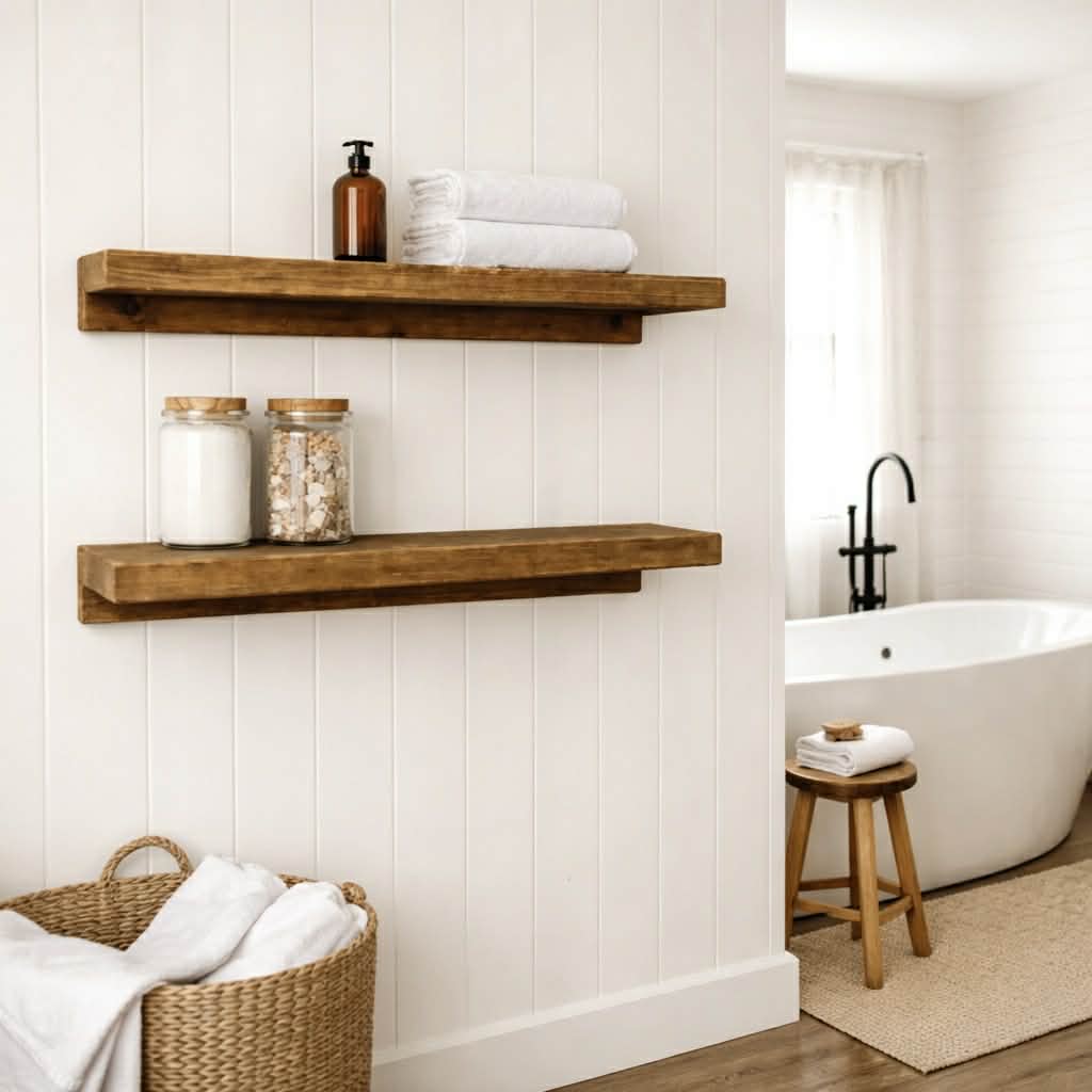 Rustic floating solid wood shelves